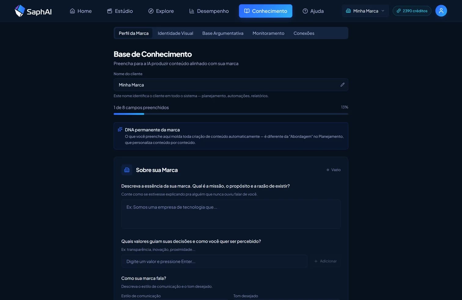 Tela real da Base de Conhecimento — cadastro da marca no SaphAI